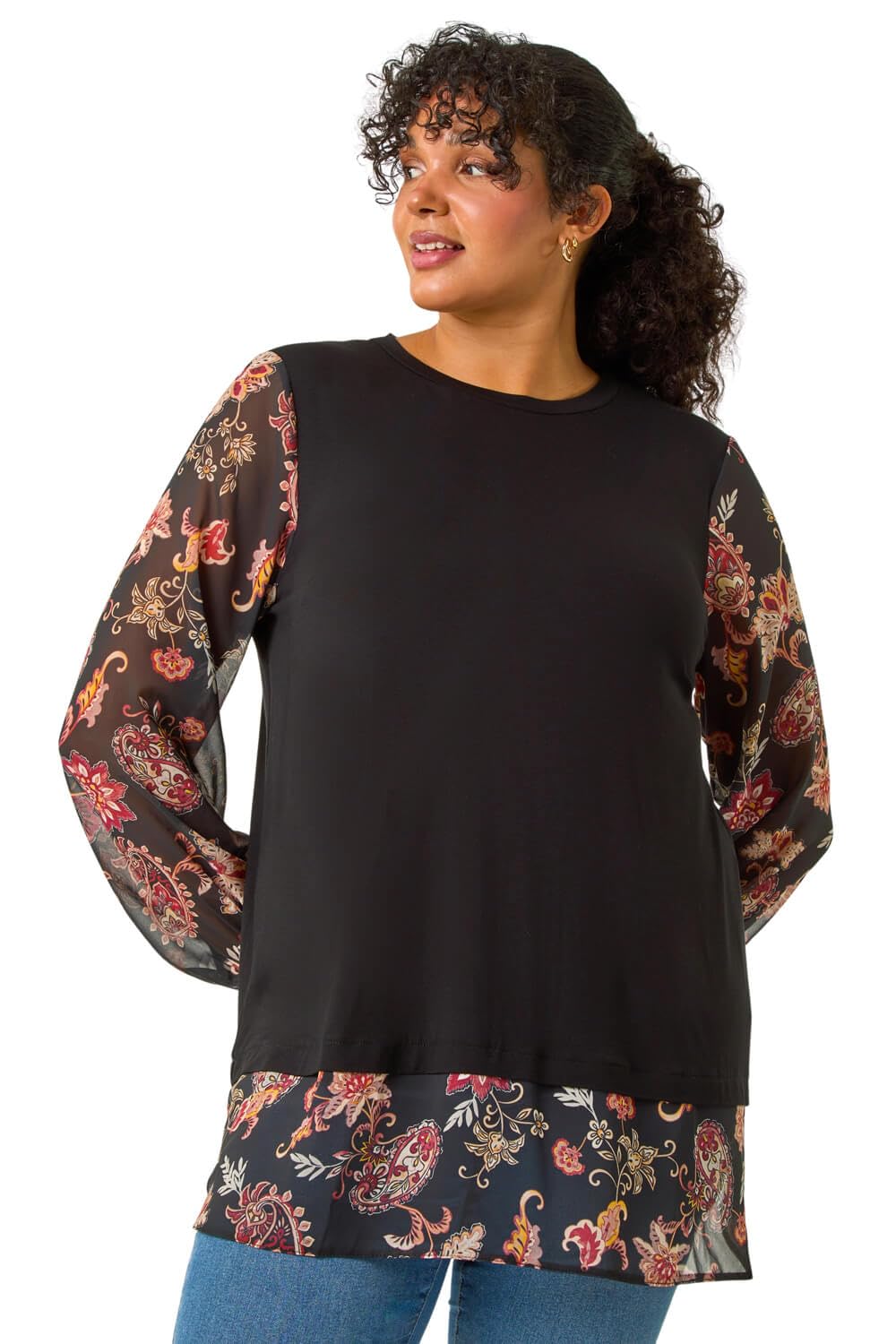 Roman Curve Floral Print 2 in 1 Top for Women UK - Ladies Everyday Autumn Winter Round Neckline Comfy Soft Evening Vacation Work Party Night Out