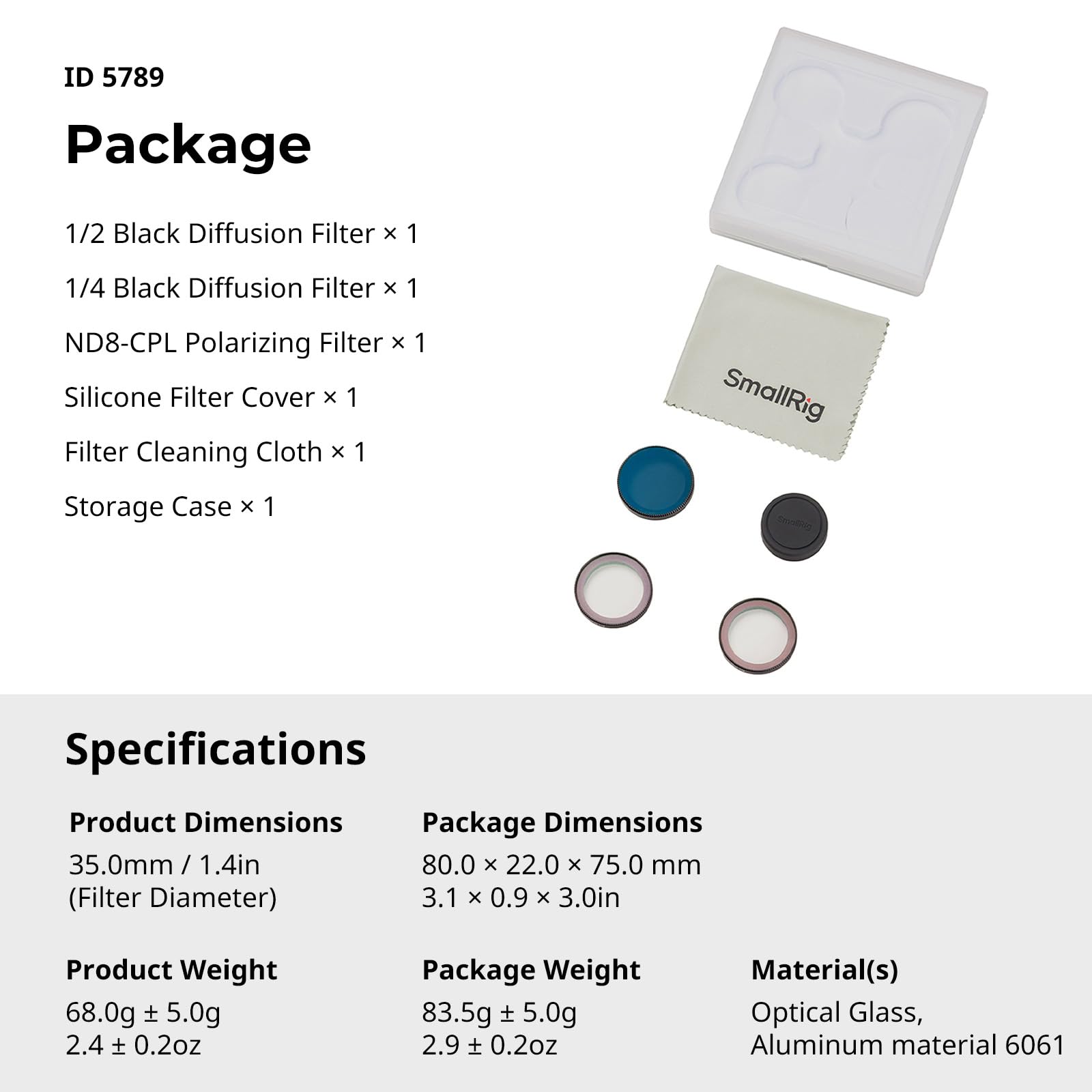 SMALLRIG Kit de Filtres pour DJI Osmo Nano, Comprenant Filtre de Diffusion Noir 1/2", Un Filtre de Diffusion Noir 1/4" et Un Filtre Polarisant ND8-CPL - 5789