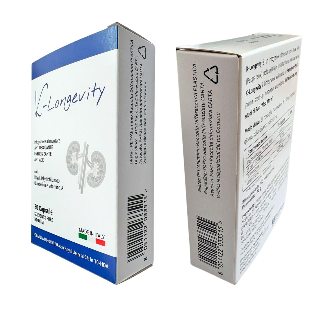 K-Longevity Integratore Alimentare Antiage Energizzante Antiossidante Con Royal Jelly (pappa reale) Quercetina Vitamina A. Supporta le difese Immunitarie e Combatte Fatica Stanchezza Radicali Liberi.