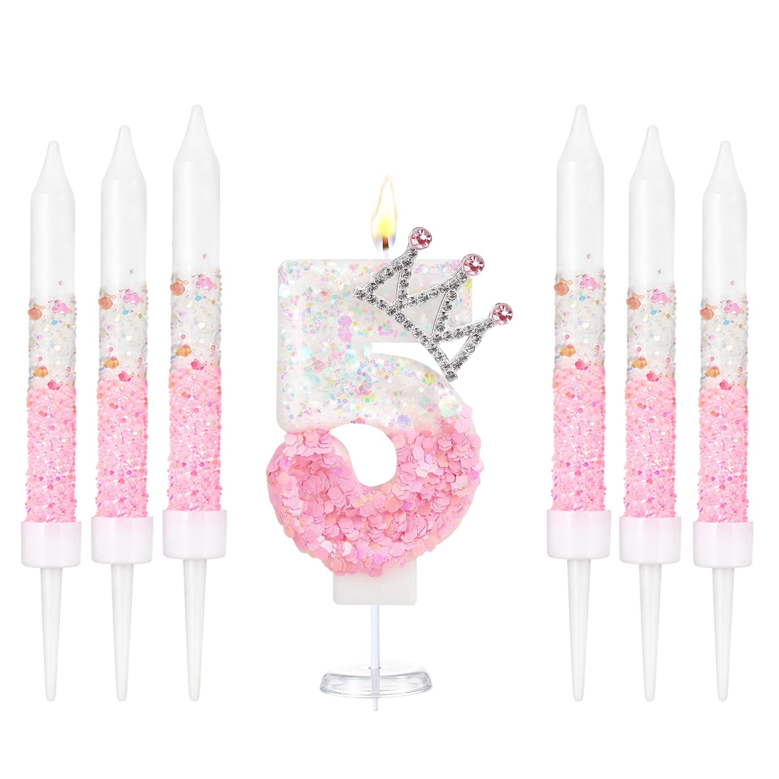 Crown Number Birthday Candles, Glitter Pink White Birthday Candle with 6 Pcs Long Candles, Stylish Princess Themed Cake Topper for Girls Birthday Party Supplies (5 Candle)