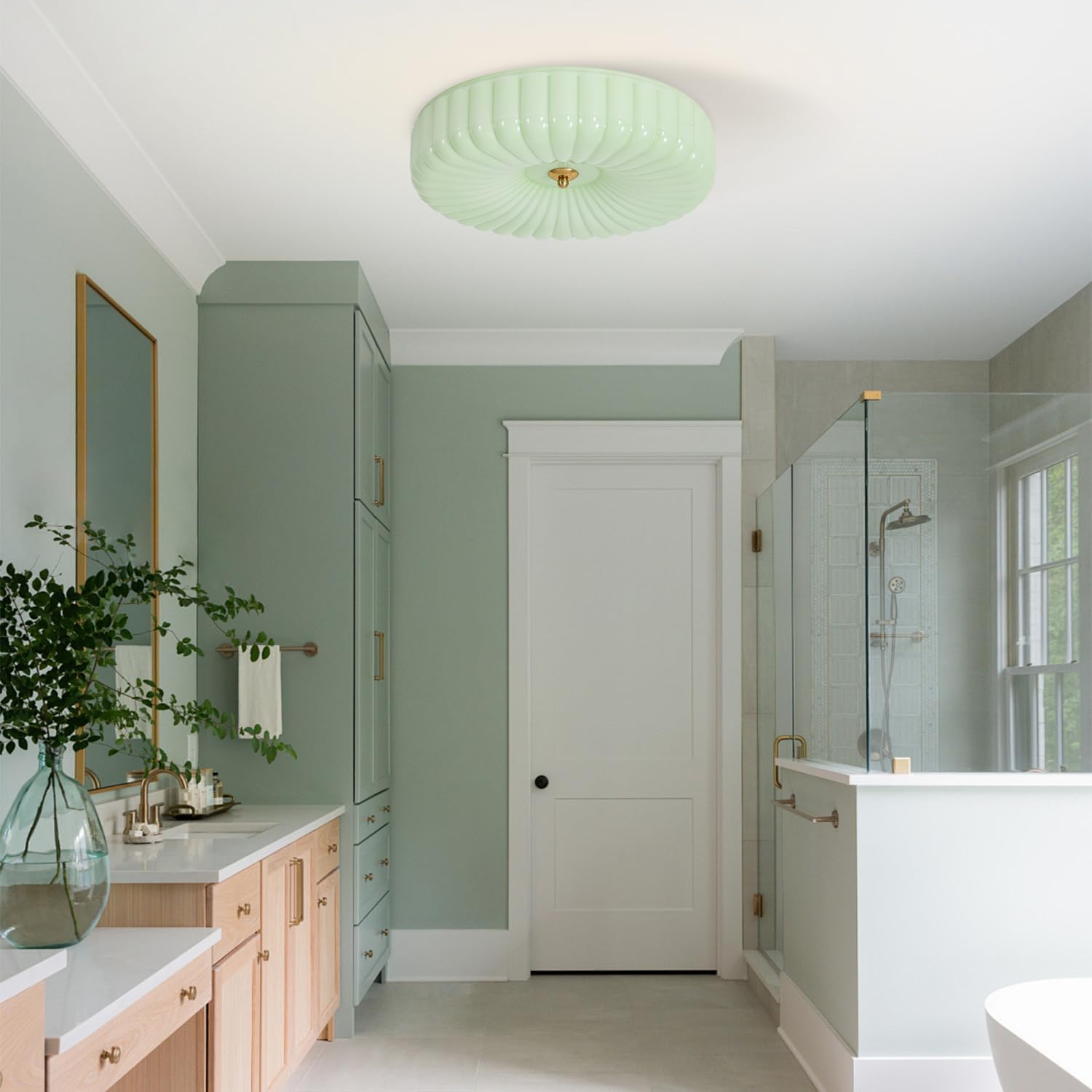KCO Illuminazione Nordic Vetro Verde Montaggio A Filo Plafoniera Vintage Rotondo Semi Flush Mount Plafoniera Lampada Da Soffitto Metà Century Bagno Moderno Luce A Soffitto A LED