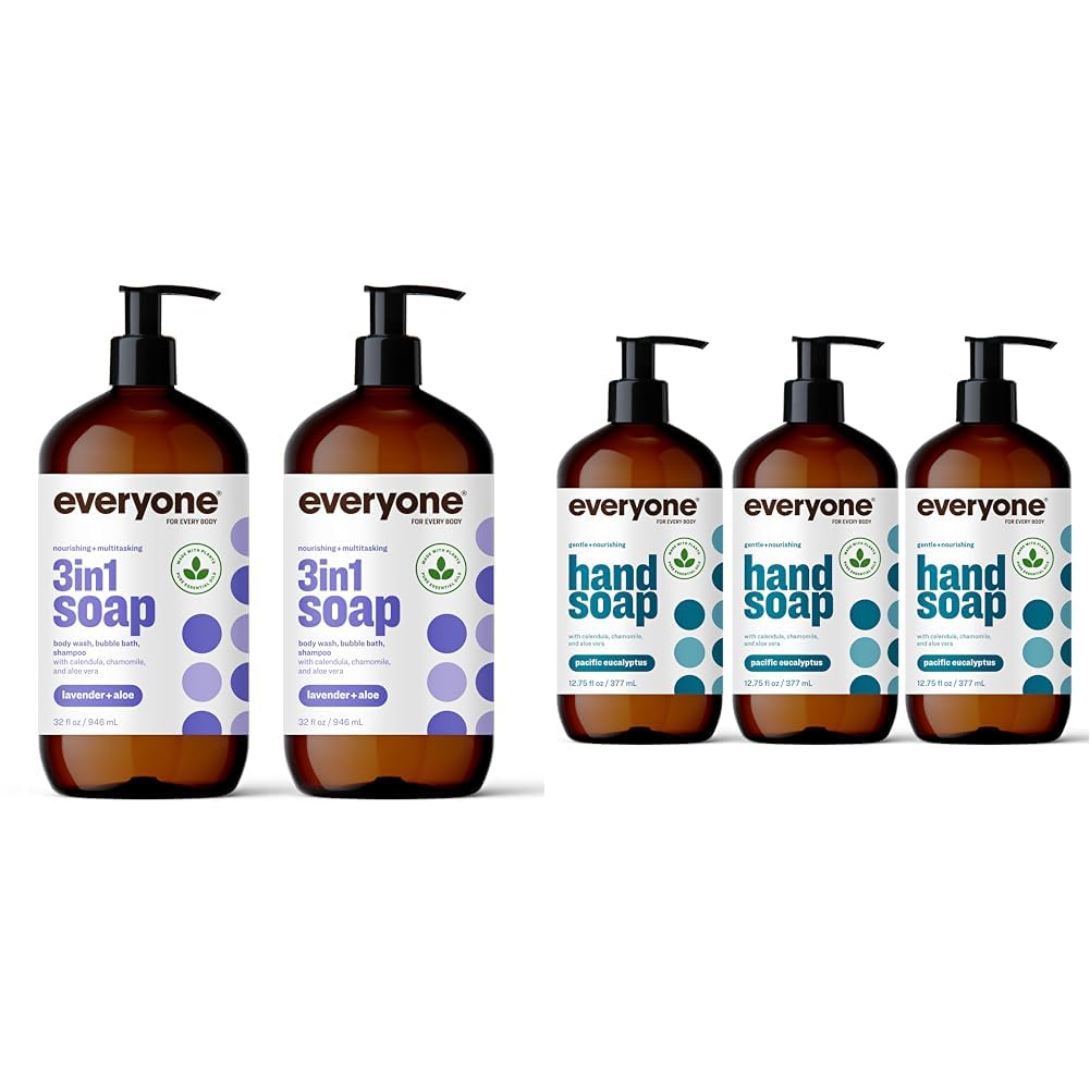 Everyone 3-in-1 Soap Body Wash Shampoo Bundle with Hand Soap Eucalyptus Packs of 2 and 3