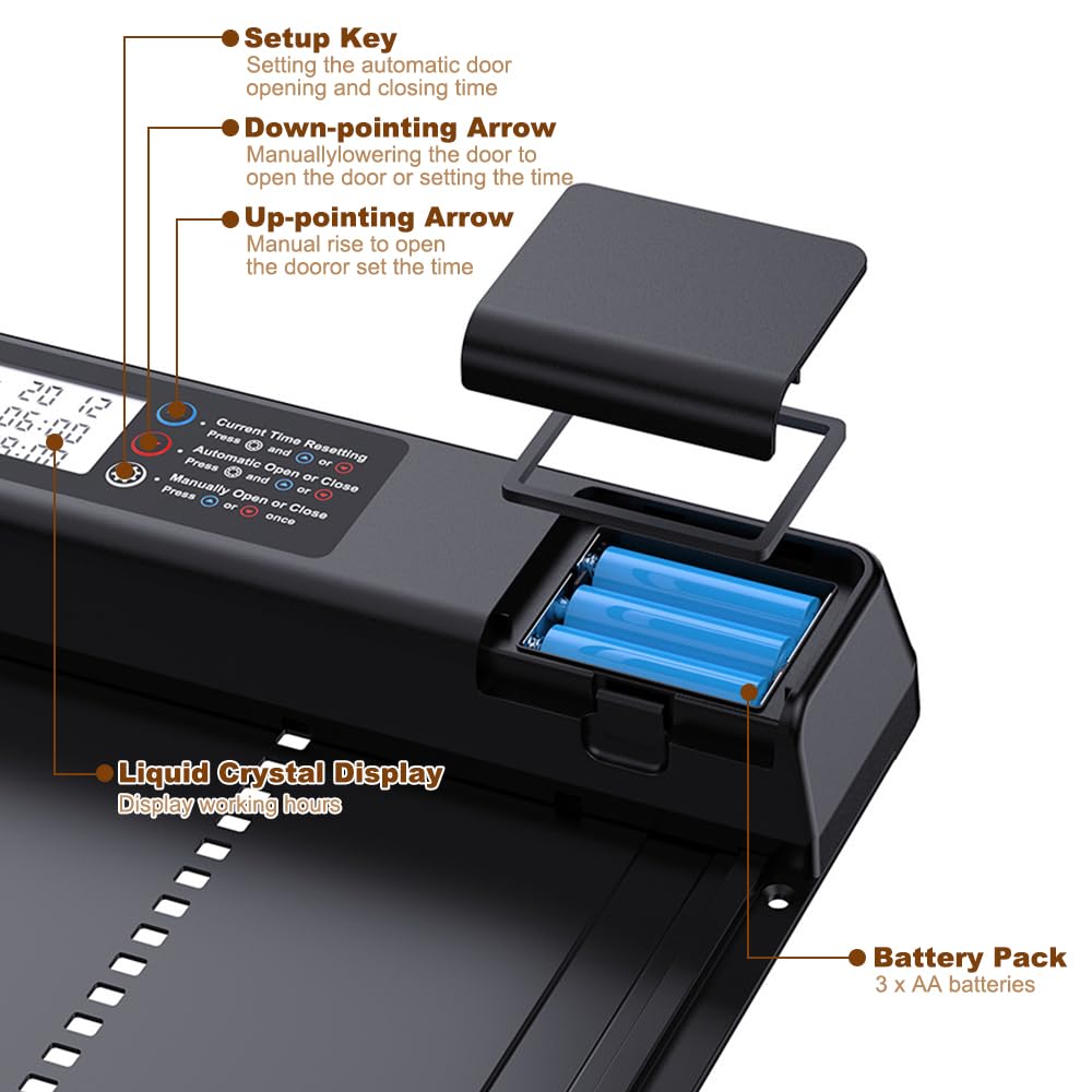 Porta Automatica Pollaio Batteria, Porta Pollaio Automatica In Lega Di Alluminio, Porta Automatica per Pollaio con Ampio Display Impermeabile, Timer, Funzione Anti-Trappola, Avviso Batteria