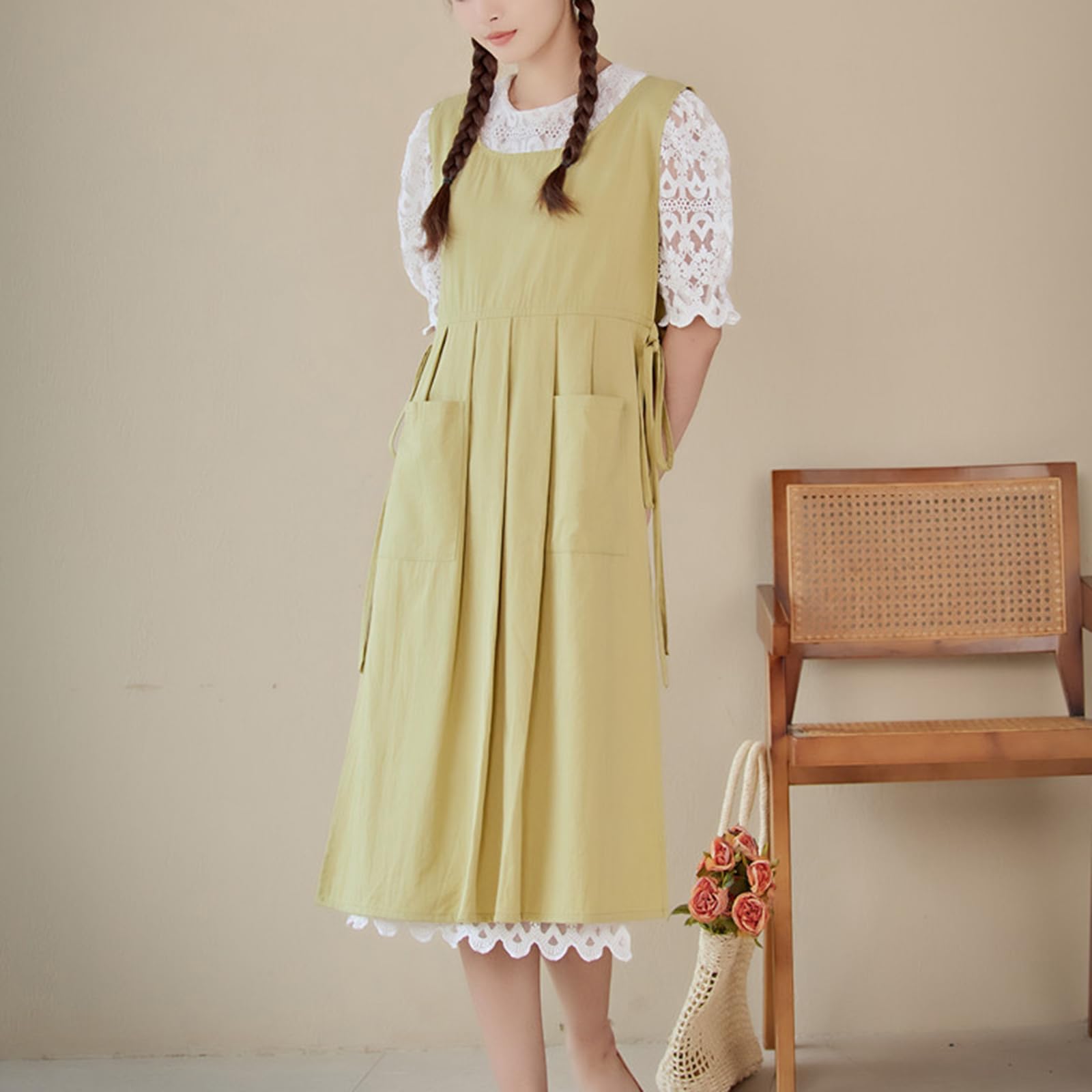Tabliers de Cuisine en Coton pour Femme, avec Poches, idéal pour la Peinture et Le Jardinage, Taille Unique, Bleu (Vert, Taille Unique)