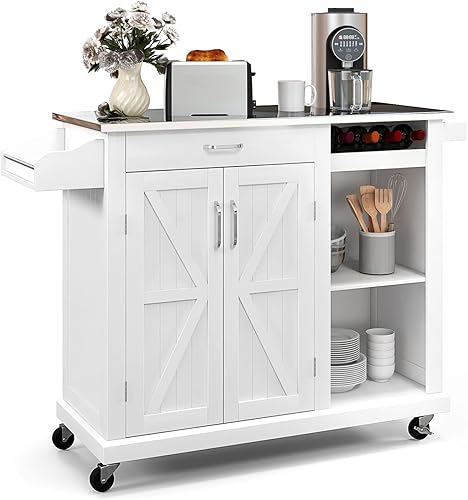 PETSITE Isla de cocina con almacenamiento en ruedas, carrito de isla rodante con mesa de acero inoxidable, armario de puerta de granero, cajón,