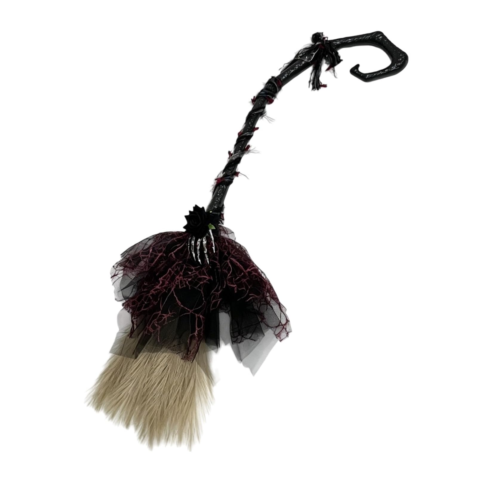 pidodou Witch Broom Black Tulle Gothic Rose Skeleton Hand Cosplay Prop