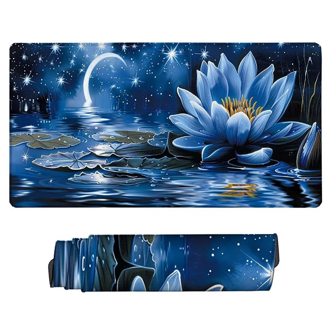 Alfombrilla Ratón XXL 150 x 80 cm, Tapete Escritorio Blanco, Impermeable Alfombrilla Ratón Gaming Loto, Bordes Cosidos Antideslizante Mousepad, Mejora la Precisión y la Velocidad 4-0