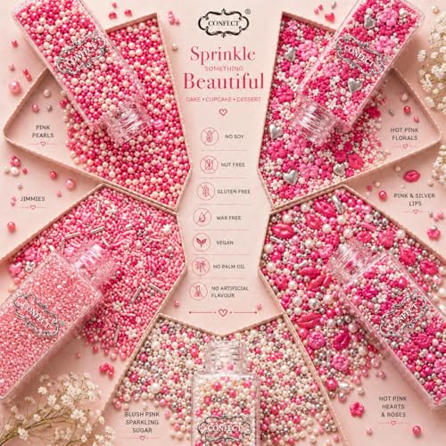 Image of Confect Cake & Cupcake Sprinkles | Love Sprinkles Mix Pink Mini Lips & Roses, Silver Hearts & Vermcelli and White Pearls | Anniversary Sprinkles | Vegan, Gluten-Free, Nut-Free, Soy-Free, Dairy-Free , Handcrafted Sprinkle -Edible sprinkles -140 Gms