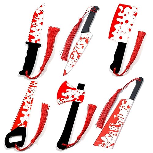 Horror Novelty Bookmark Set - 6 Creepy Tool Shapes with Blood Stain Design, Gothic Book Accessories for Halloween Gifts, Macabre Metal Page Holders with Red Tassels (6Pcs Tools of Terror) - 6pcs Tools of Terror