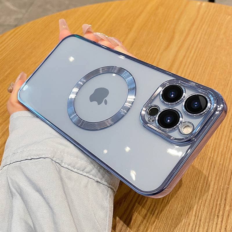 Image of MIDOS Tpu Back Cover Ring Logo Cut For Magsafe Compatible For Iphone 13 Lens Protection Chrome Back Cover For Iphone 13 (Blue)