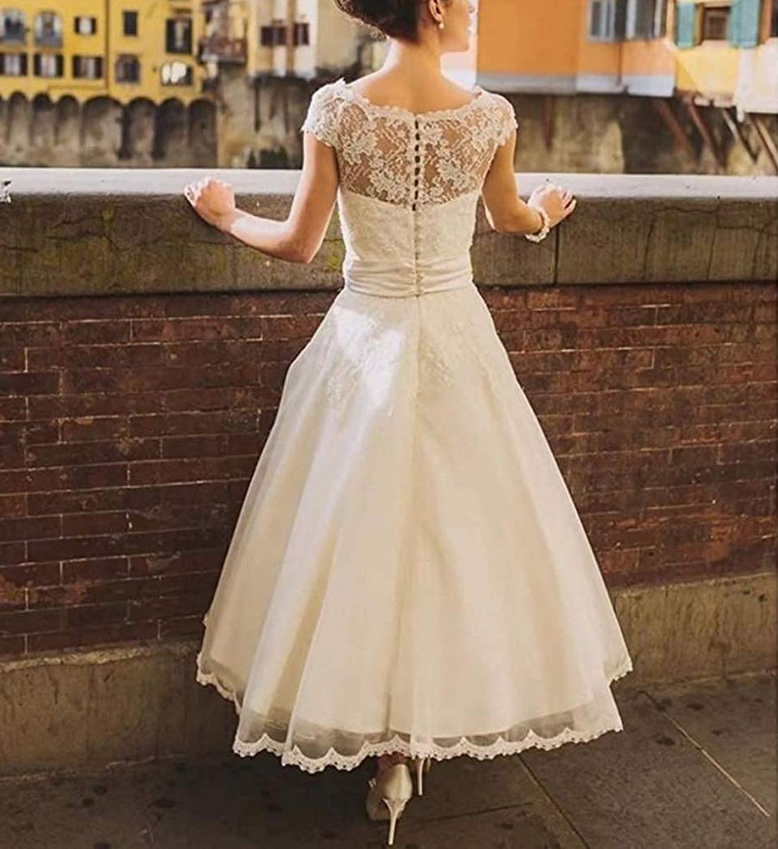 Vestido de Noche de Manga Corta en la Palabra a Elegante Vestido de Baile de Bodas de Proa Vestido de Cóctel con Encaje Largo en el Vestido, Blanco, 58
