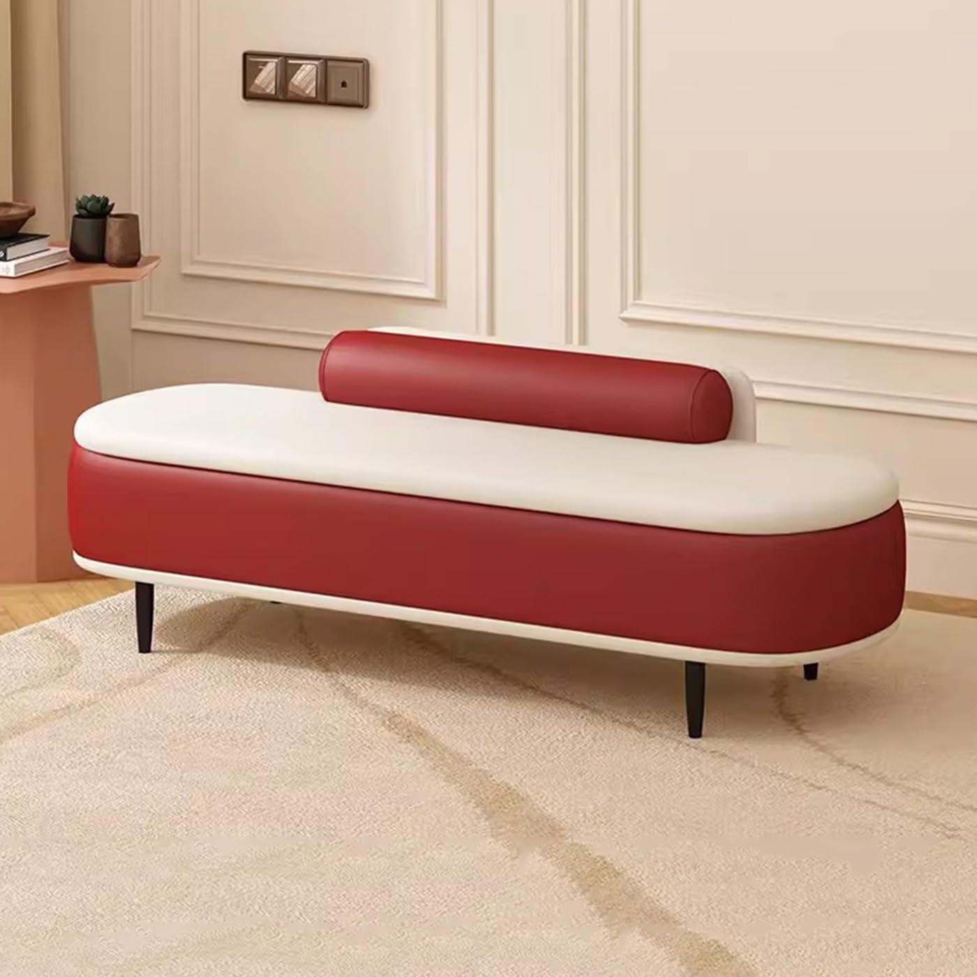 ZHANGshouf Modern Ottoman Storage Bench with Lumbar Pillow Faux Leather Footrest Stool for Living Room Entryway Storage Box End of Bed Bench (Red+Beige 100cm)