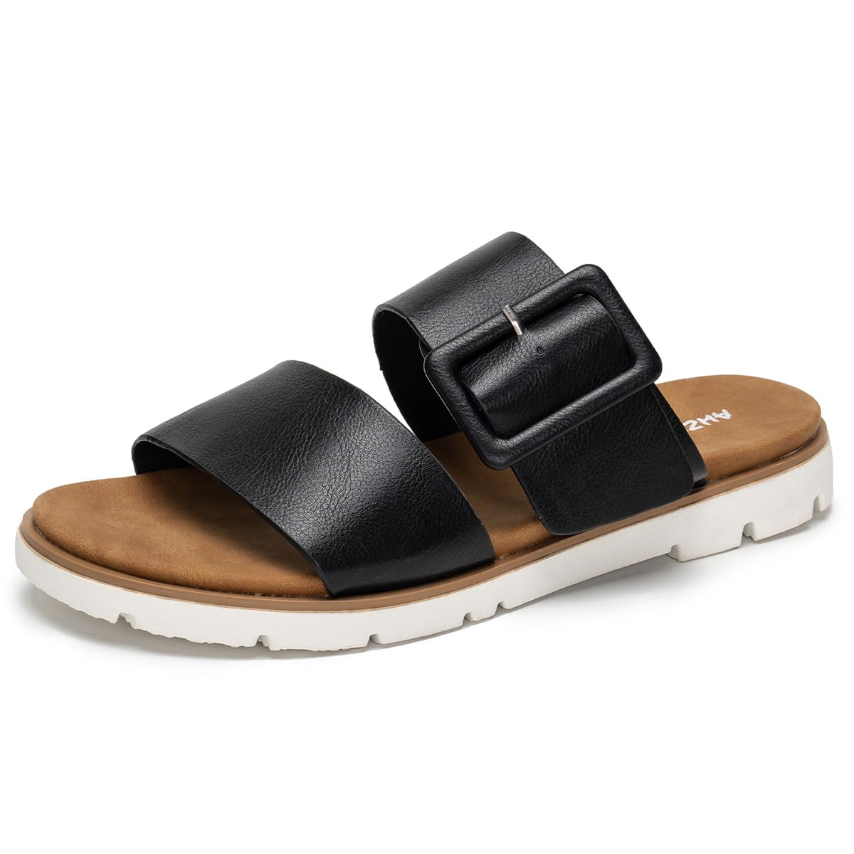 AHZEHRSE Women's Slide Wide Width Flat Sandals Arch Support Slip On Two Strap Sandals Summer Comfortable Beach Walking Dressy Shoes