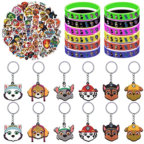 74 Stück Party Kuchen Dekoratives Set,Schlüsselanhänger Silikon,Silikon Armband,Kinder Aufkleber,Schlüsselanhänger aus der Zeichentrickserie,Aufkleber Geschenk für Kinder,Geburtstag Partyzubehör Deko Cover