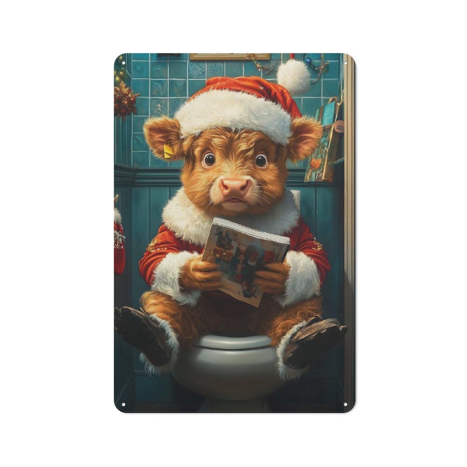 Junmoney Highland Cow Santa On Toilet Vintage Metal Plaque 30X20cm For Kitchen Or Home Bar, For Vintage Wall Decor Fans, For Garage And Workshop Walls