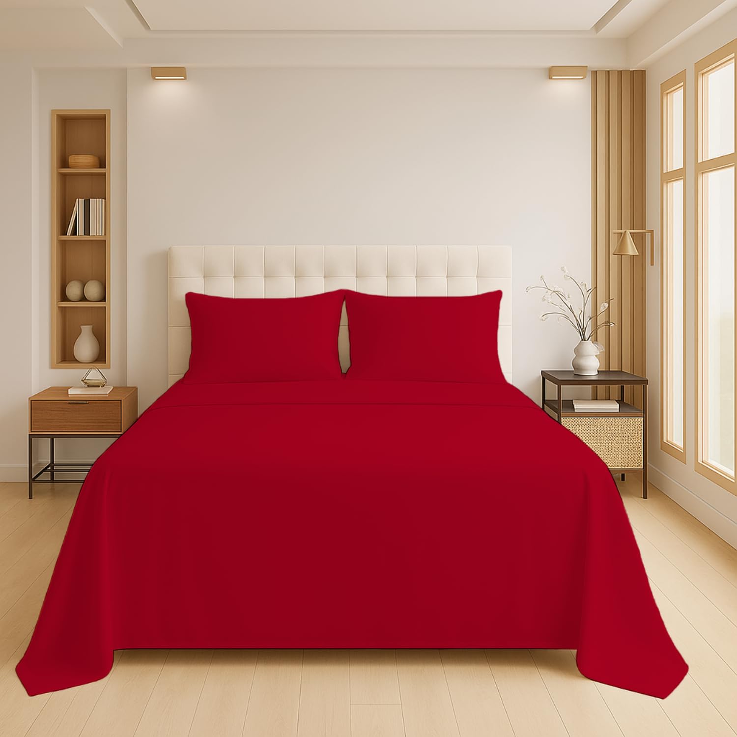 Luxury Flat Sheet Polycotton Plain Dyed Easy-care Non-Iron Bedsheets Parcale Wrinkle-resistant polycotton fabric (50% cotton 50% polyester) (Red, Super King) โ image 1