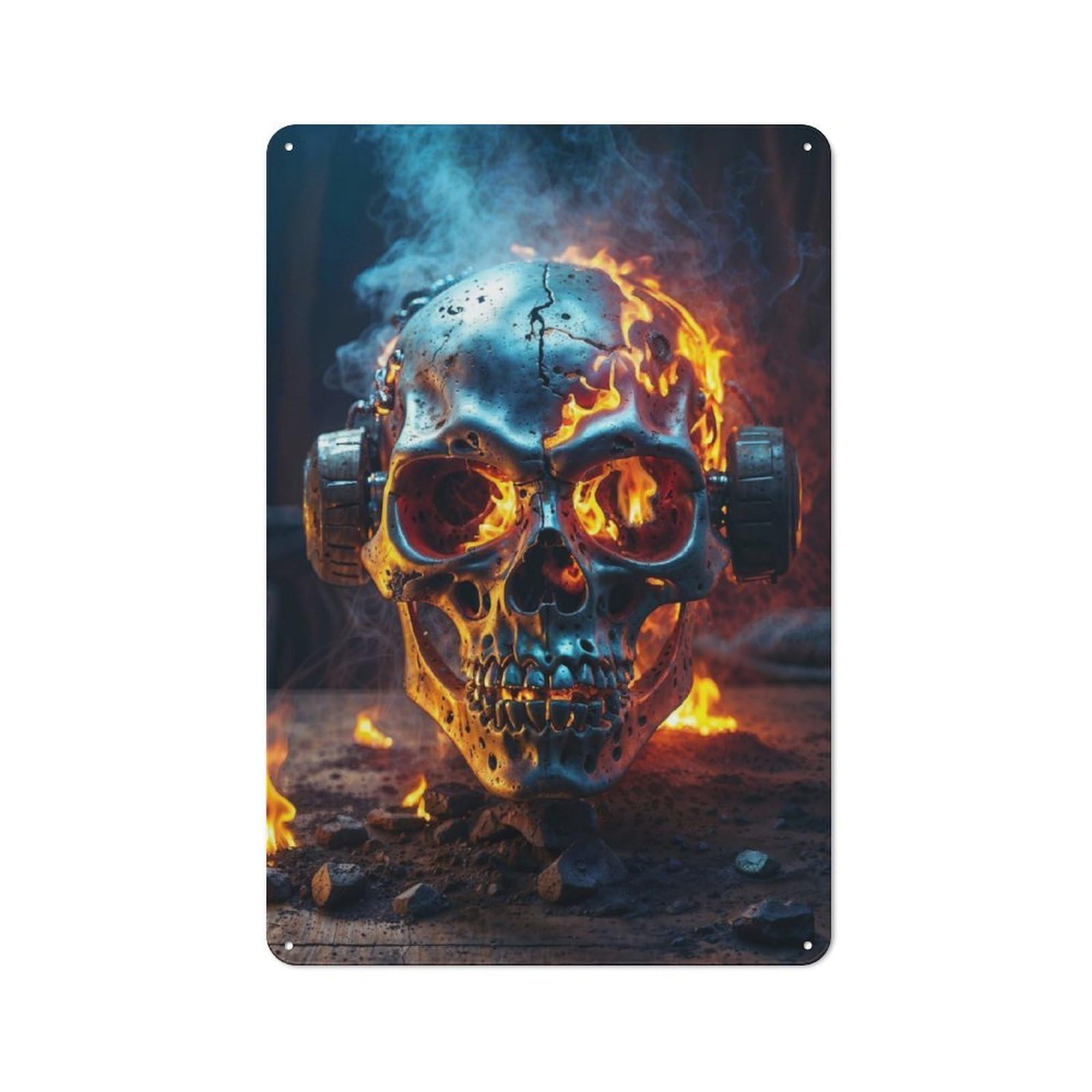 Junmoney Dynamic Flames Skull Retro Metal Wall Sign 30X20cm With For Bar Or Restaurant, A Housewarming Gift For Hospitality Decor Collectors