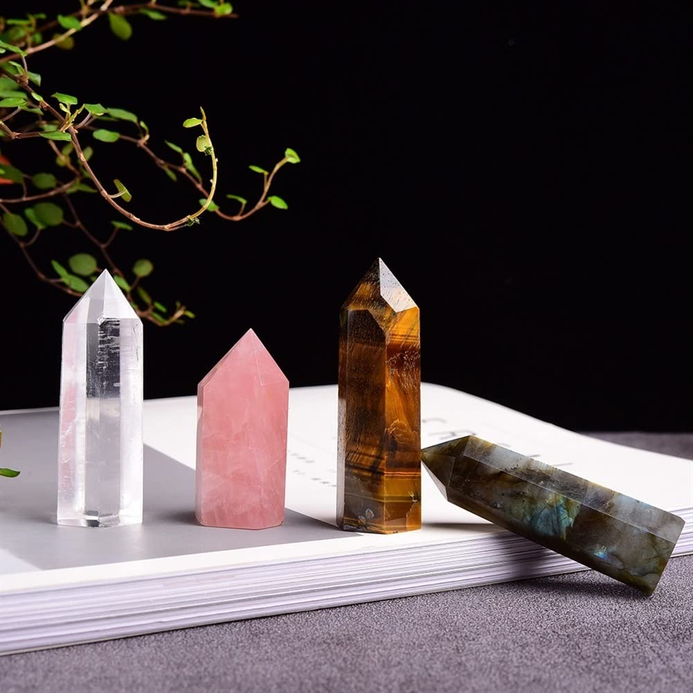 1 Juego de Columna Hexagonal de Cuarzo Rosa Natural, Varita de Amatista, Punto de Cristal, Estudio, decoración del hogar, Piedra de Cristal