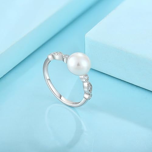 Miniatura 3 de Veshon Anillo de perlas para mujer, plata de ley 925 con circonita cúbica con perla blanca cultivada de agua dulce de 0.315 in, anillos de