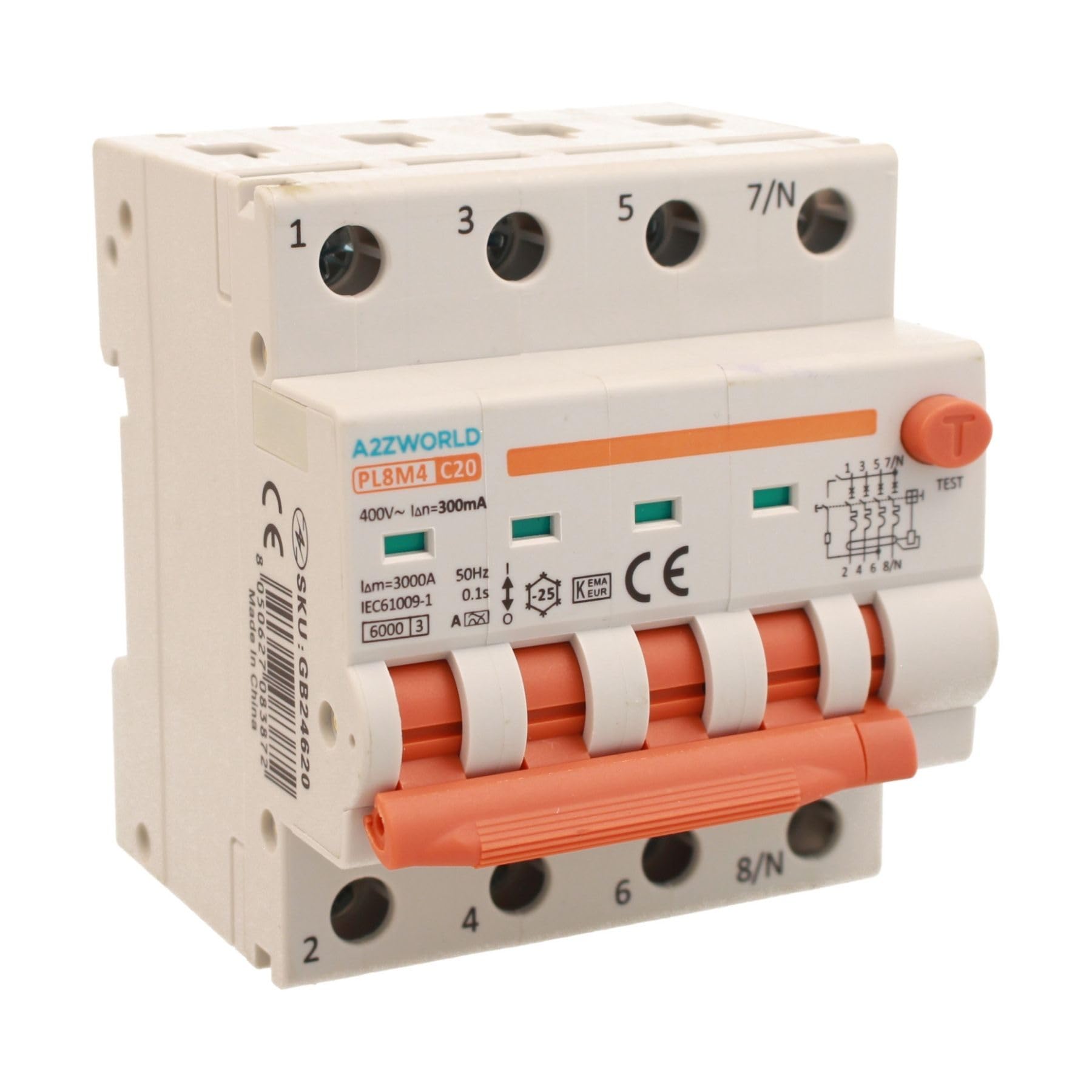 A2ZWORLD Interrupteur magnétothermique différentiel triphasé, type A 300mA, RCBO Classe A 4P C20 20A, courbe C 3P+N 6000A, occupe 4 modules DIN, AC 400V IP20