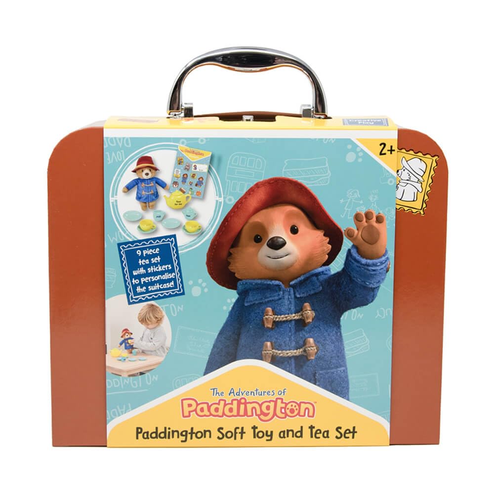 Rainbow Designs Paddington Bear's Toy Tea Set – 9-częściowy zestaw do herbaty dla dzieci z czajnikiem, kubkami, spodkami i dzbankiem na cukier – zawiera pluszową zabawkę, walizkę wielokrotnego użytku