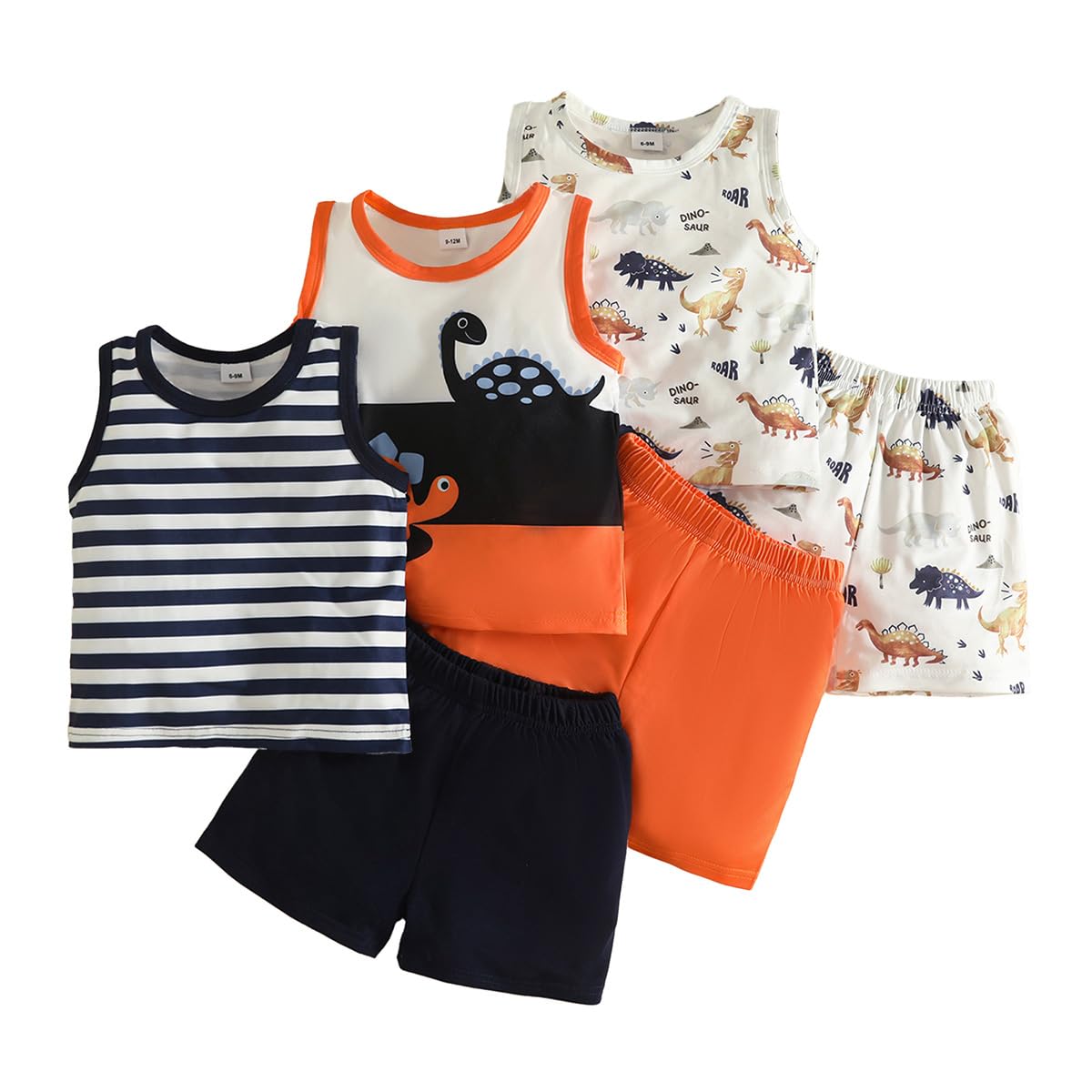 Ropa Verano Para Bebé Niño Manga Corta Mini Dinosaurios y Osos Camisetas sin Mangas a Rayas y Conjuntos Pantalones Cortos