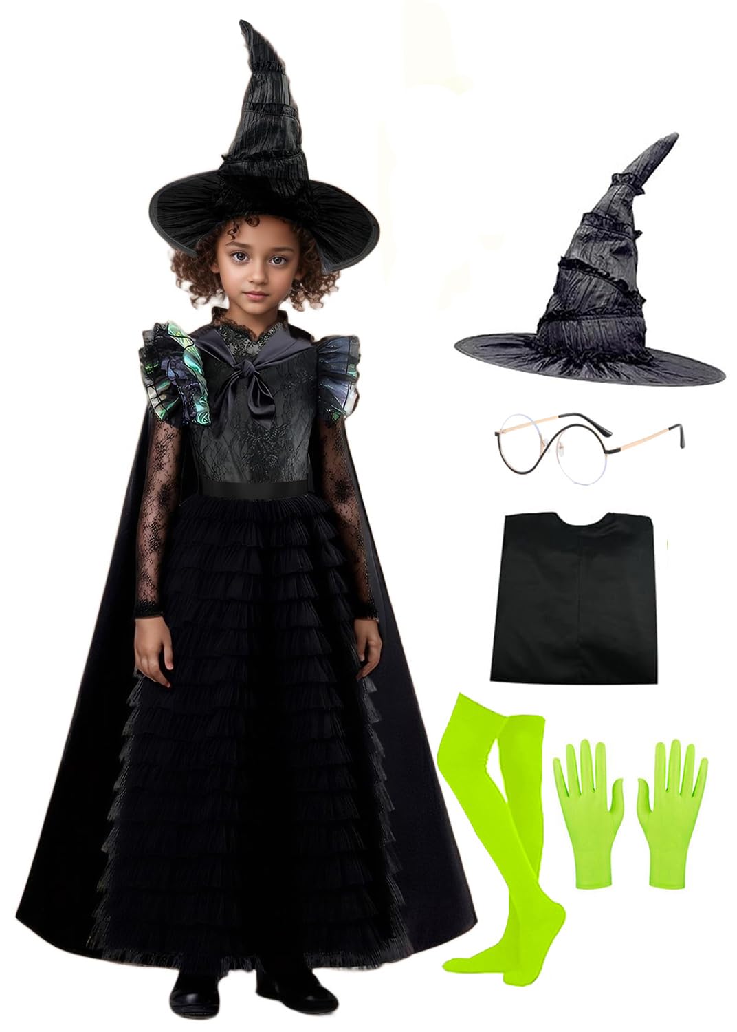 Treayes Girls Witch Black Ruffled Dress Set with Cape Pointed Hat Round Glasses Green Gloves and Socks for Kids