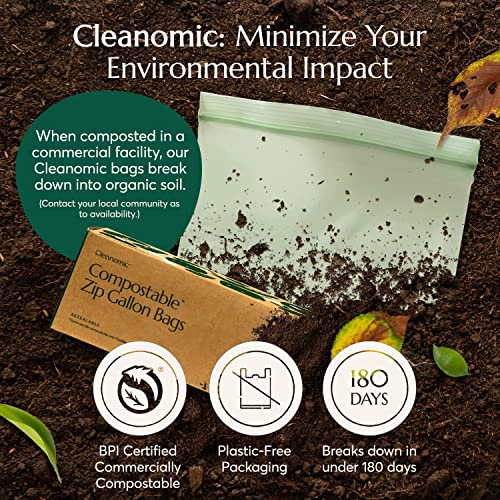 Cleanomic Compostable Gallon Size Food Storage Bags (25 Eco Zip) Freezer And Leak Proof, Also Available Quart, Snack And Sandwich Bags #TOP3