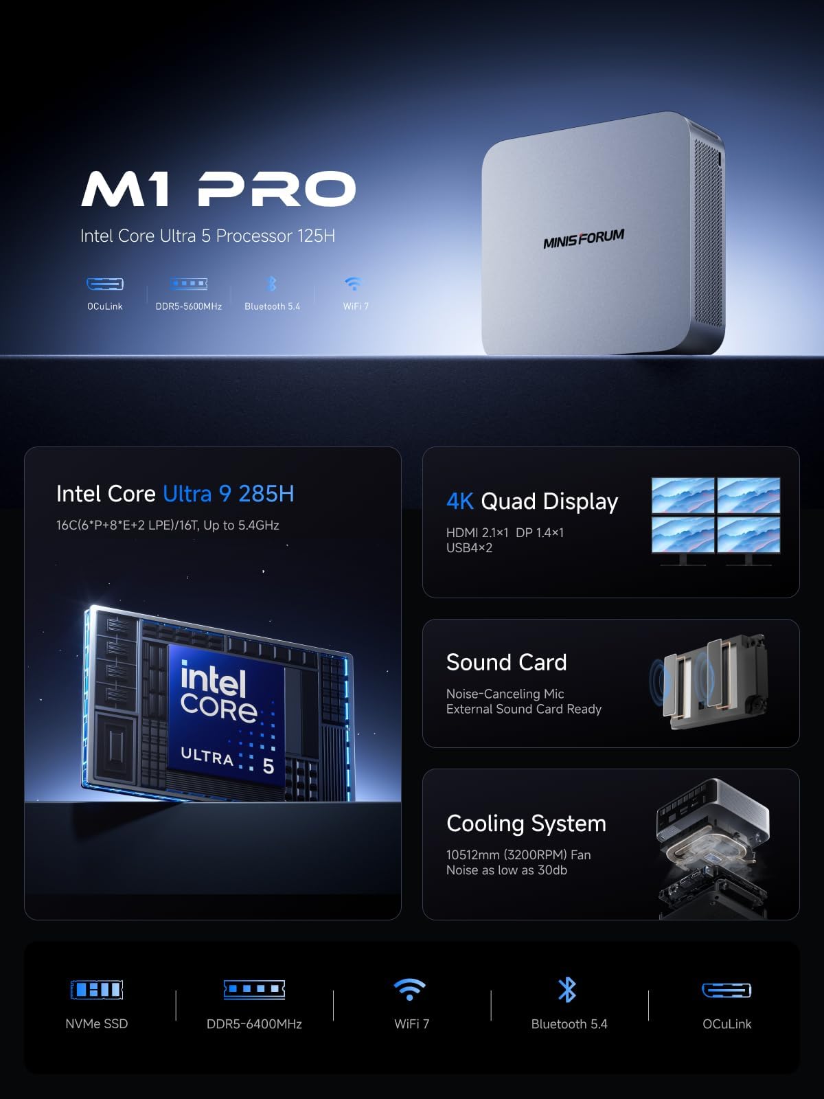 MINISFORUM M1 Pro-285H AI Mini PC Barebone with Intel Core Ultra 9 Processor 285H(16C/16T,Up to 5.4GHz),DDR5-5600GHz RAM,M.2 PCIe4.0 SSD,USB4/RAID/OCuLink/Wi-Fi 7/BT 5.4,4K Quad Display(NO RAM/SSD/OS) - 4