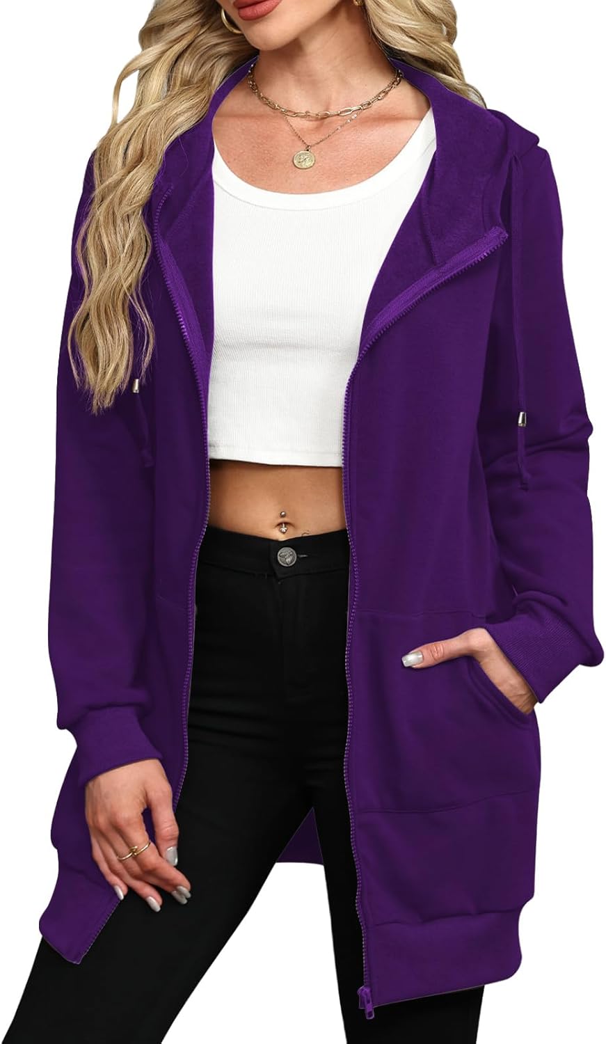 Locryz Women's Casual Pockets Zip Up Hoodies Fleece Tunic Sweatshirt Long Hoodie Jacket Coat