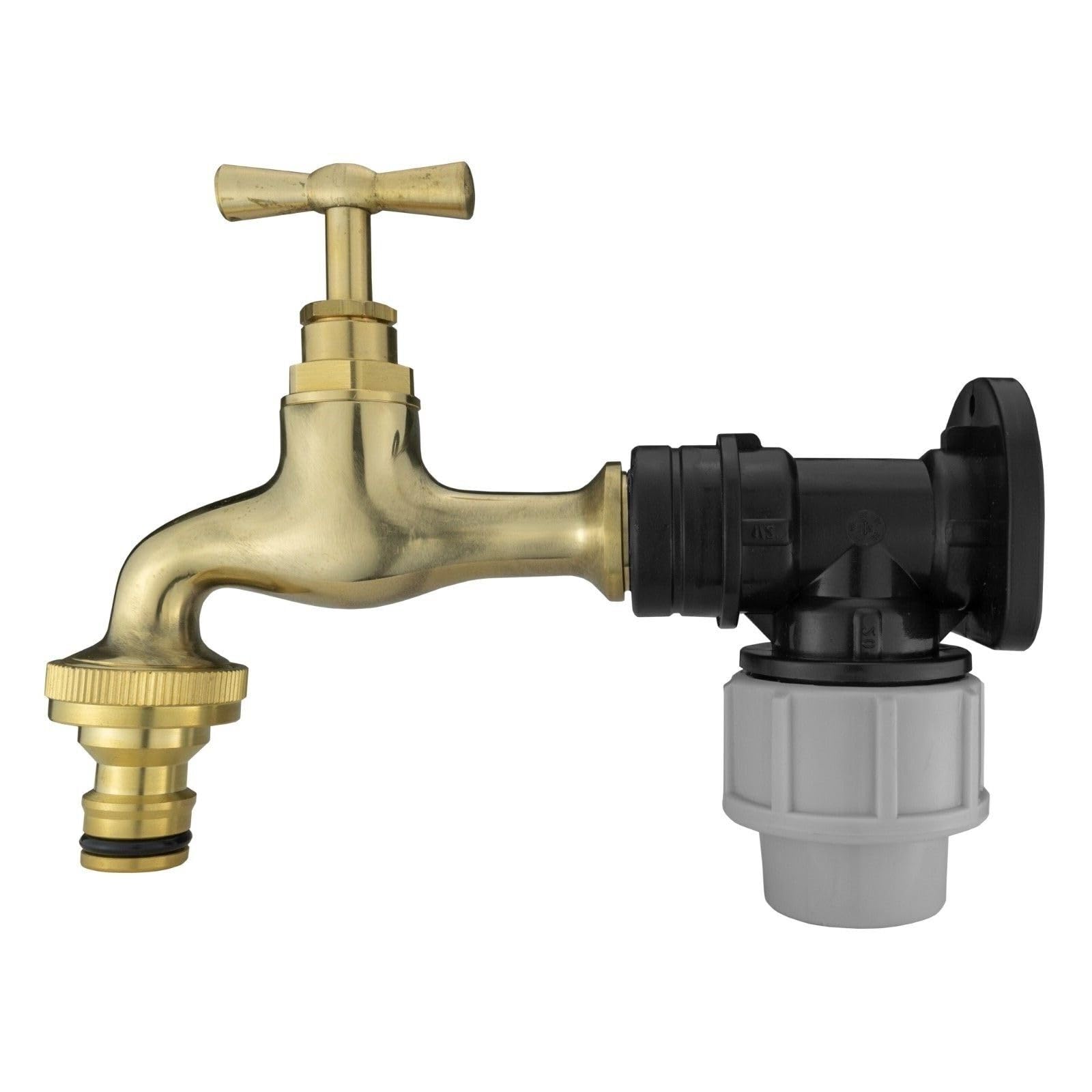 MDPE Compression Wall Flange Plate + Hozelock Compatible Quick Connect Tap 20mm (Polished Brass Bib - QuickConnector) โ image 1