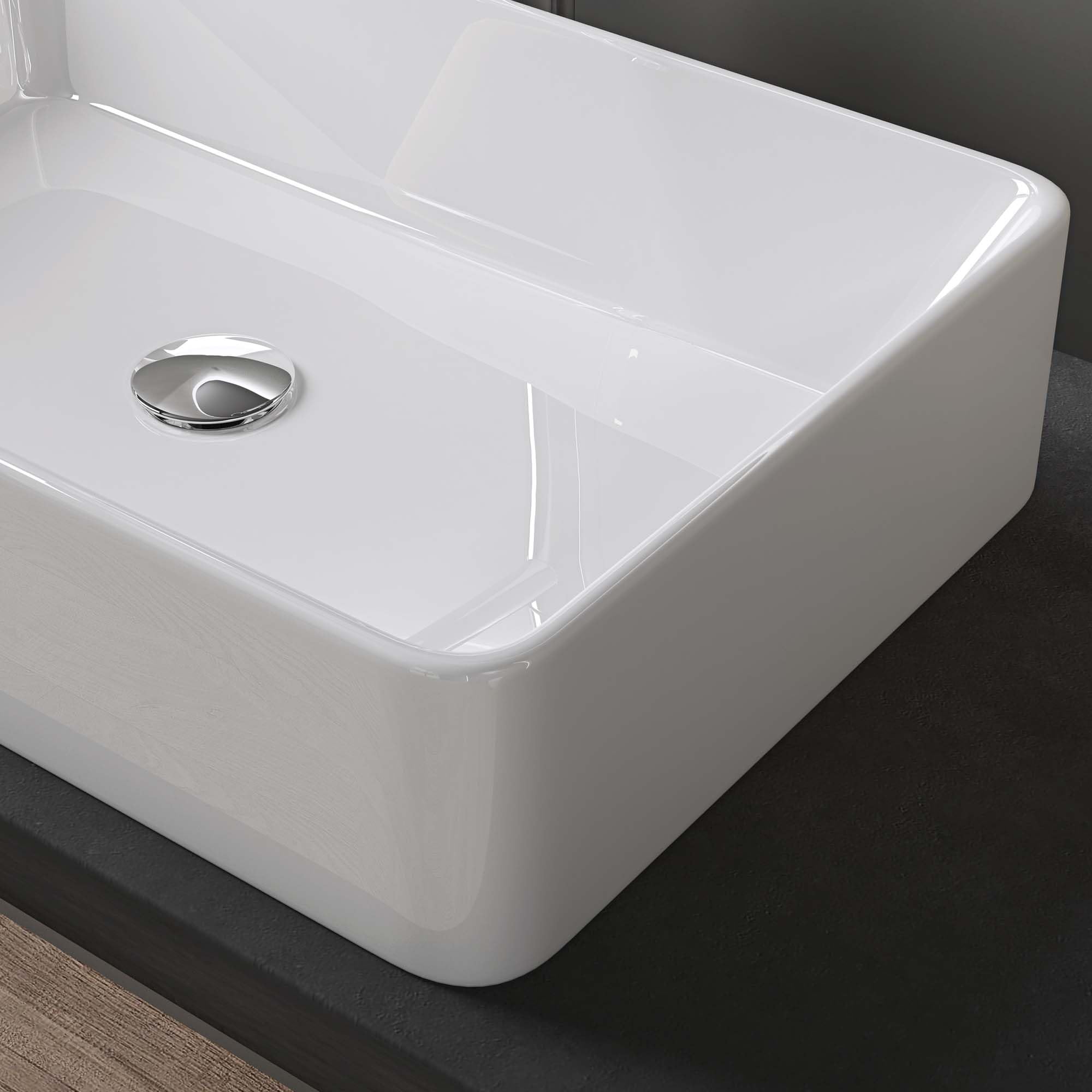 doporro Lavabo Bagno Rettangolare Lavabo da Appoggio in Ceramica Lavandino con Bordo Sottile 58x37x13,5 cm Bianco Lucido Lavamani Lavello senza Foro Rubinetto per Guardaroba Bagno Brüssel105D
