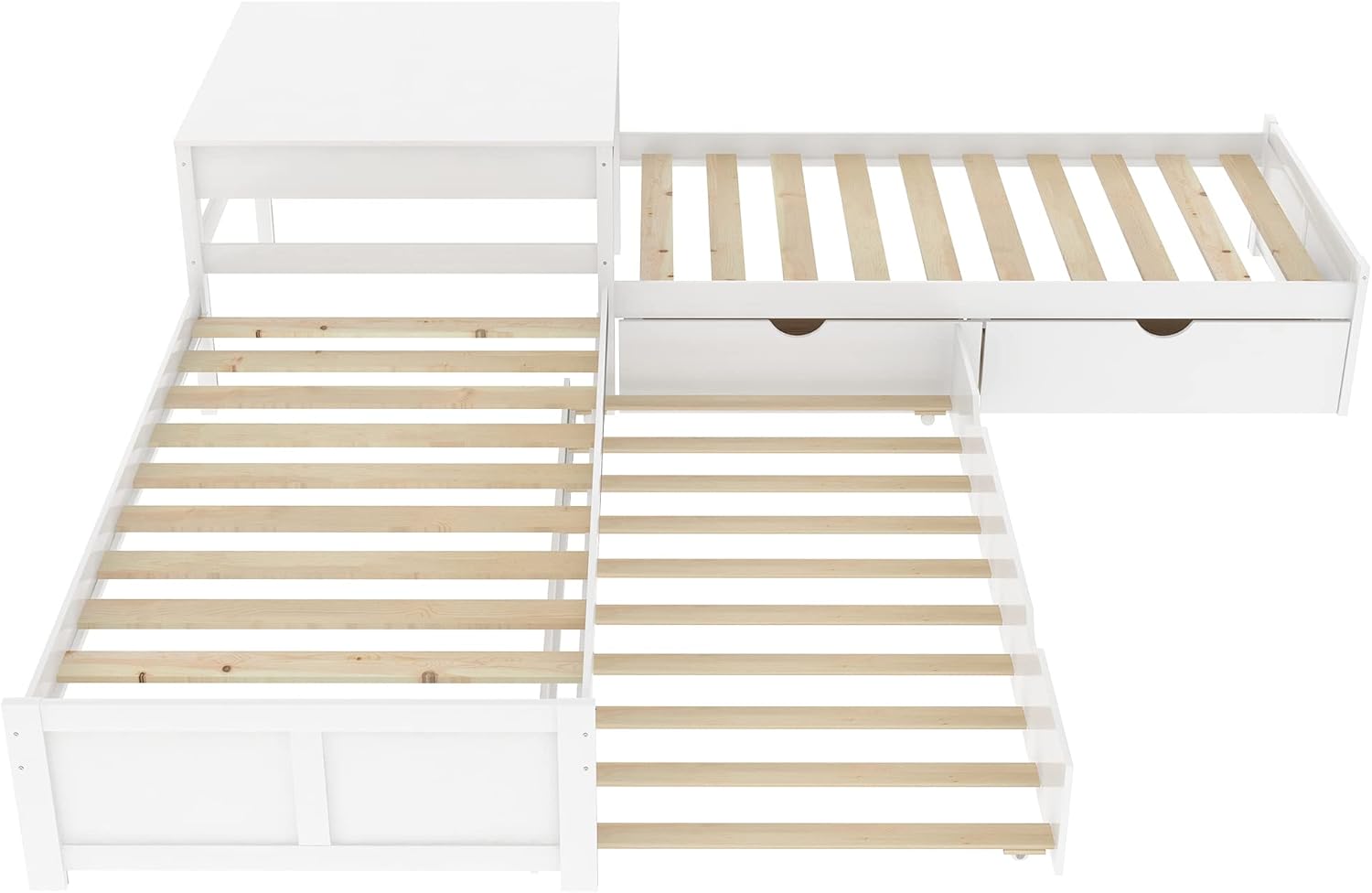 Top-down view of the L-shaped bed with both trundle and drawers visible
