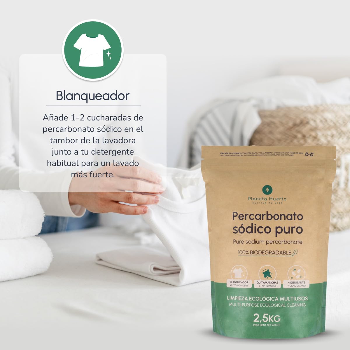 PLANETA HUERTO | Percarbonato Sódico Ecológico 2,5 kg – Percarbonato Blanqueador, quitamanchas e higienizante natural, limpieza sostenible para ropa blanca, superficies y hogar sin tóxicos