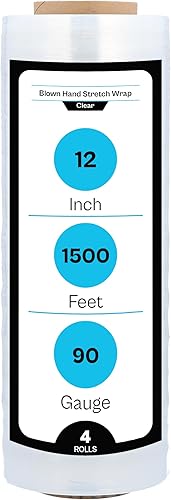 MedicalMartByMail Envoltura elástica, 12 pulgadas x 1500 pies, calibre 90, paquete de 4, adherencia de plástico transparente, rollos de película