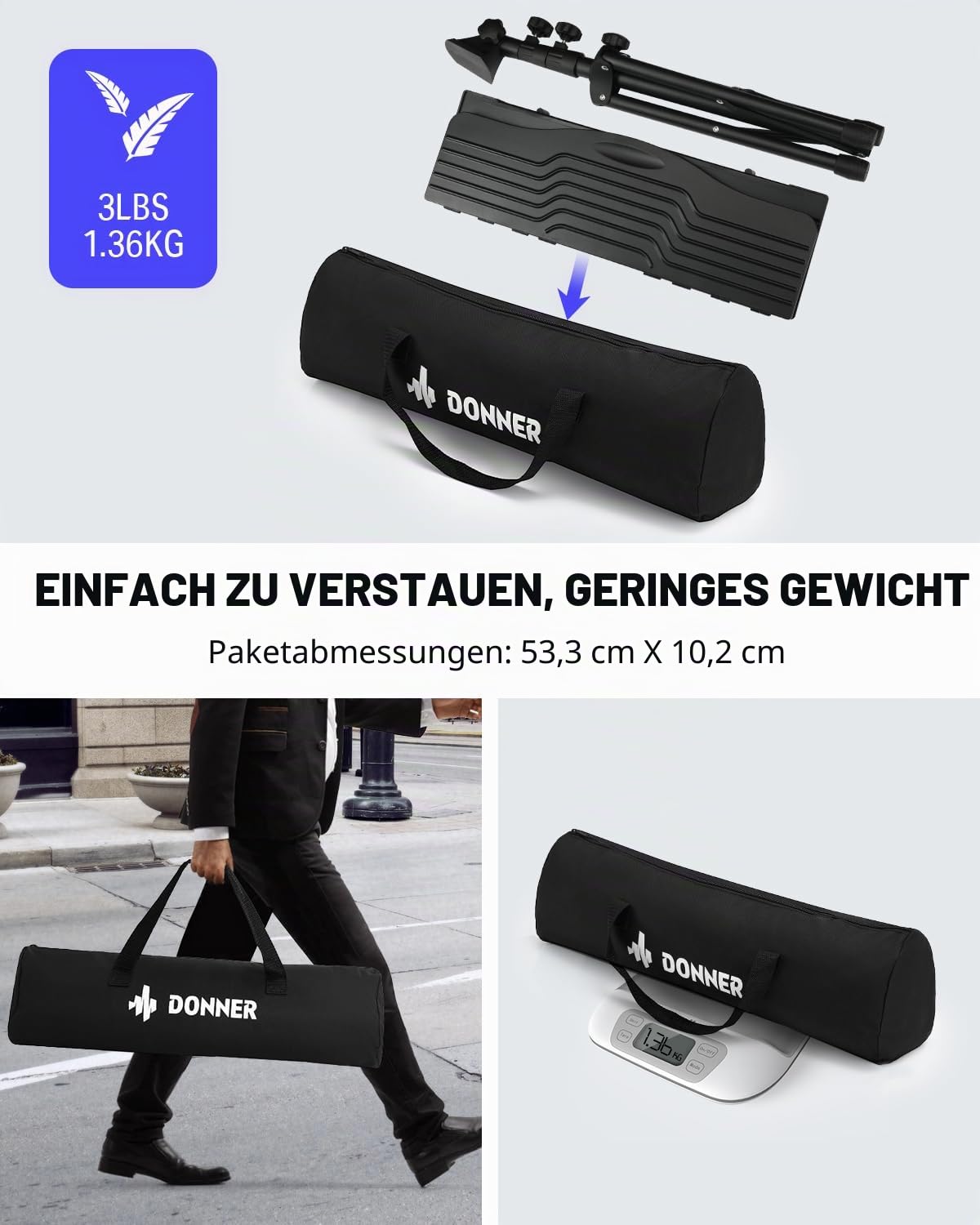 Donner Notenständer Faltbarer Reise-Metallständer Verstellbar DMS-1 mit Tragetasche, drehbares aufladbares Musiklicht und Clip-Halterung, tragbarer Projektorständer, Laptop-Ständer, Musikordner