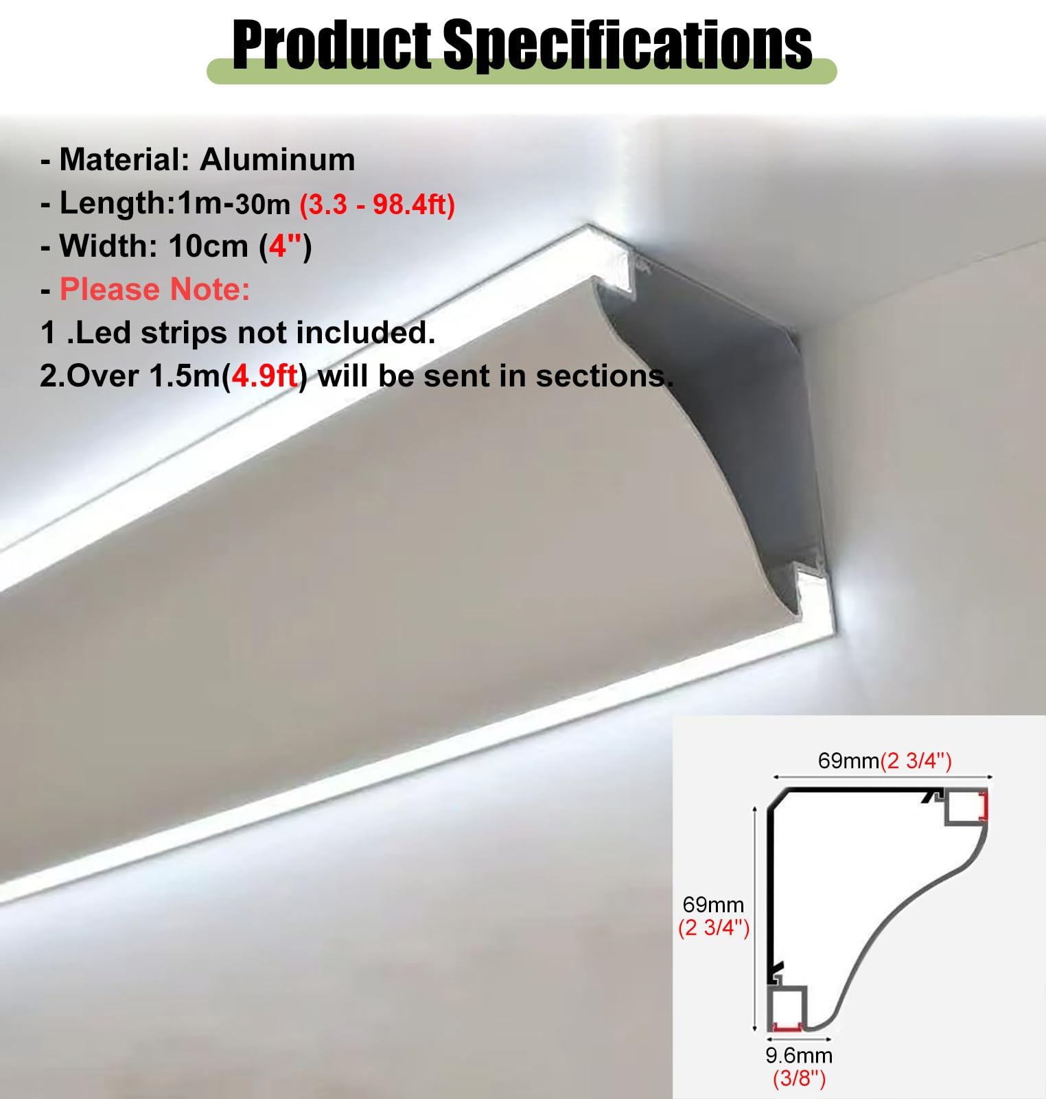 Profili per Strisce Led Canale in Alluminio da 2, 8, 10, 15, 20, 30 m per Strisce LED, Canale Diffusore Flessibile per LED, Montaggio Superficiale, Profilo di Illuminazione per Modanatura(2.8m/9.2ft)