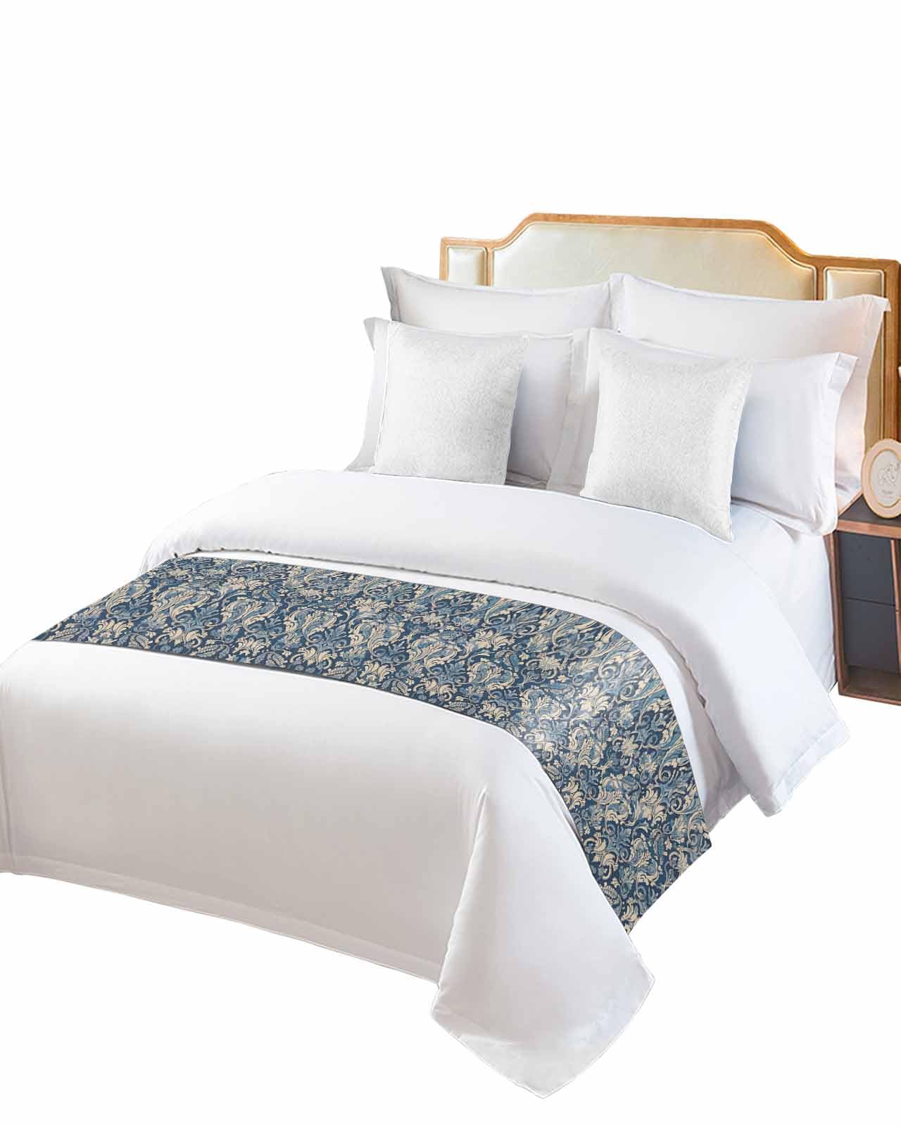 Twin Bed Runner Vintage Medieval Floral Pattern Bedding Runner Scarves Decorative Bed Scarf, Ethnic Flower on Blue Soft Bedding Scarf for Bedroom Hotel Wedding 94x20in