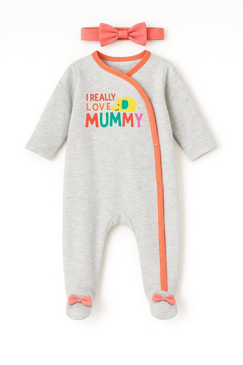 TuddyBuddy 100% Cotton Footed Romper Sleepsuit for Baby (9 Months-12 Months, Pack of 2 - Coral Elephant & Solid Grey) - Image 6 thumbnail