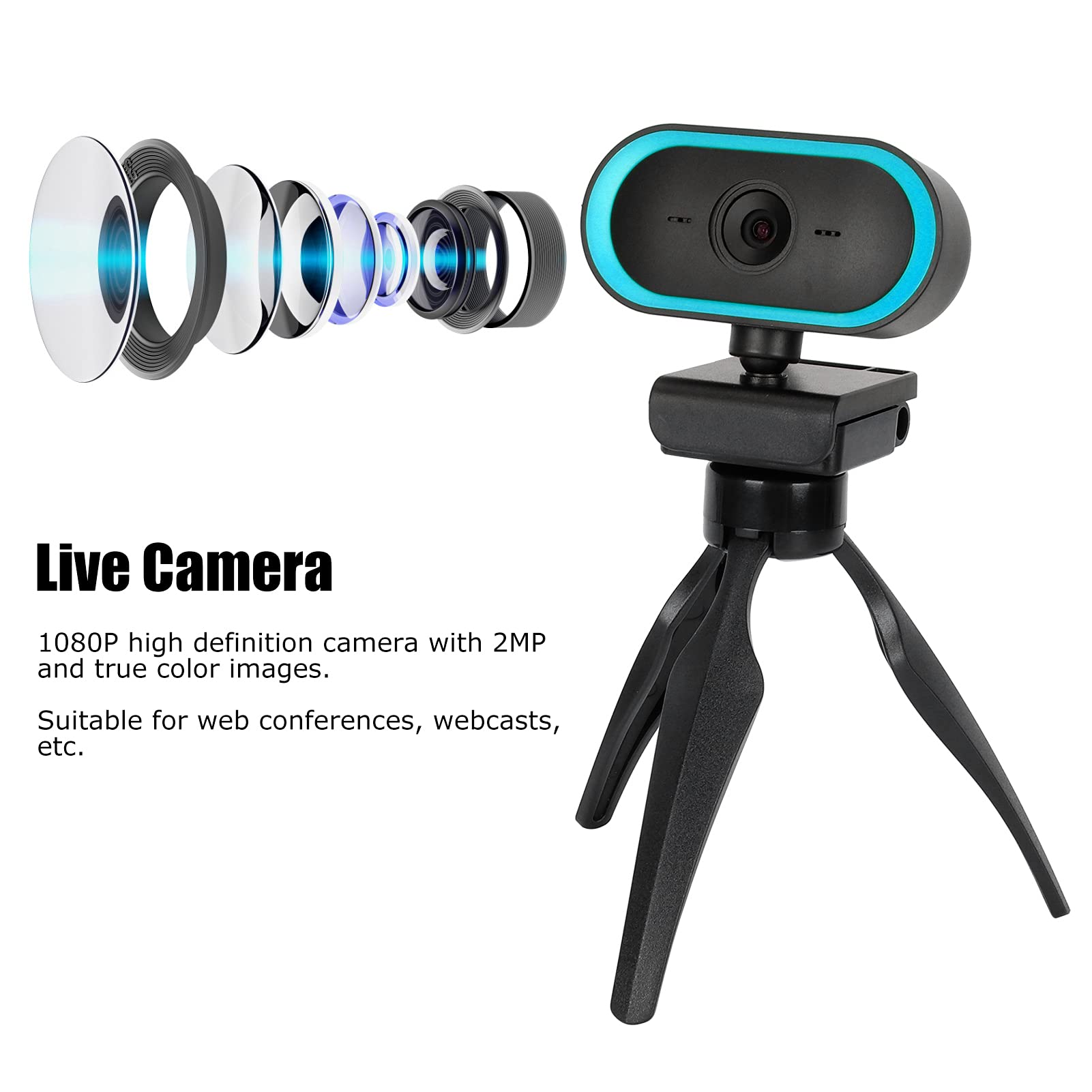 Alta definición 2K Webcam Sound absorbe la cámara web USB para la videoconferencia en vivo (Azul)