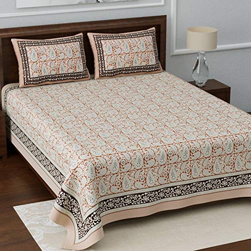 Image of LIVING ROOTS Jaipuri Hand Block Print King Cotton Bedsheet 86 * 104 inches (7 * 8.5 feet) with 2 Pillow Cover | 210 TC | Rich Fast Colour with No Colour Bleeding | (033-A)