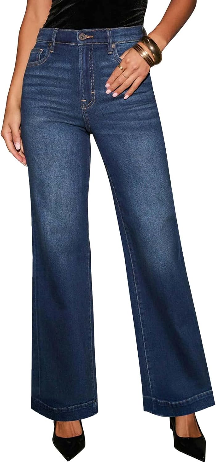 KUNMI Women's Wide Leg Jeans High Waisted Straight Leg Stretchy Denim Pants with Pockets