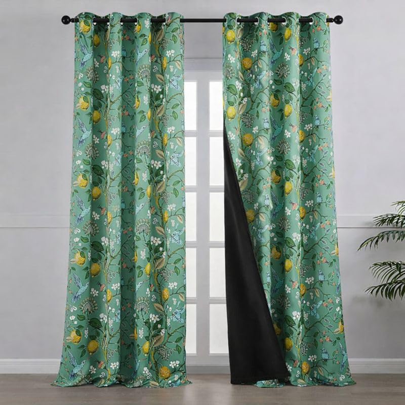 Image of BFAM Floral Print 100% Blackout Curtain with Black Linning at Back,Green Bird Print Curtains for Living Room /Bedroom Thermal Insulated Energey Saving 12 Feet Pack of 1 Curtain