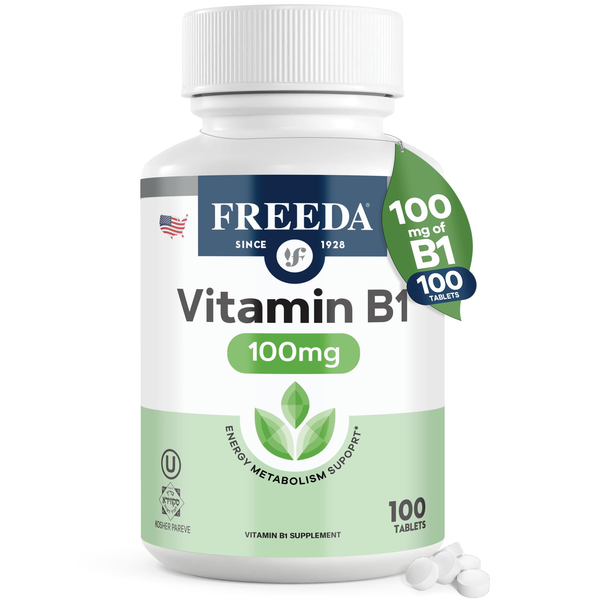 Freeda Vitamin B1 Thiamine 100mg - Supports Energy Metabolism, Nervous System Health - Kosher, Vegan, Gluten Free - Thiamin HCl 100 mg Vitamin B 1 -
