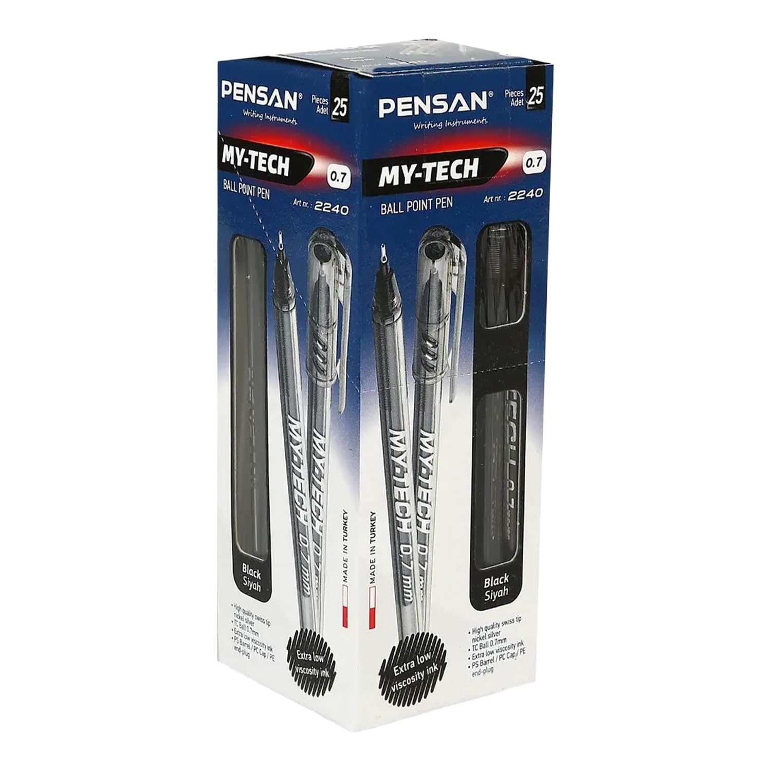 Pensan My Tech 2240 Ballpoint Pens Pack of 25, 0.7 mm Swiss Tip, Smooth Low-Viscosity Ink Ideal for Office & School Use (Black) - Image 2
