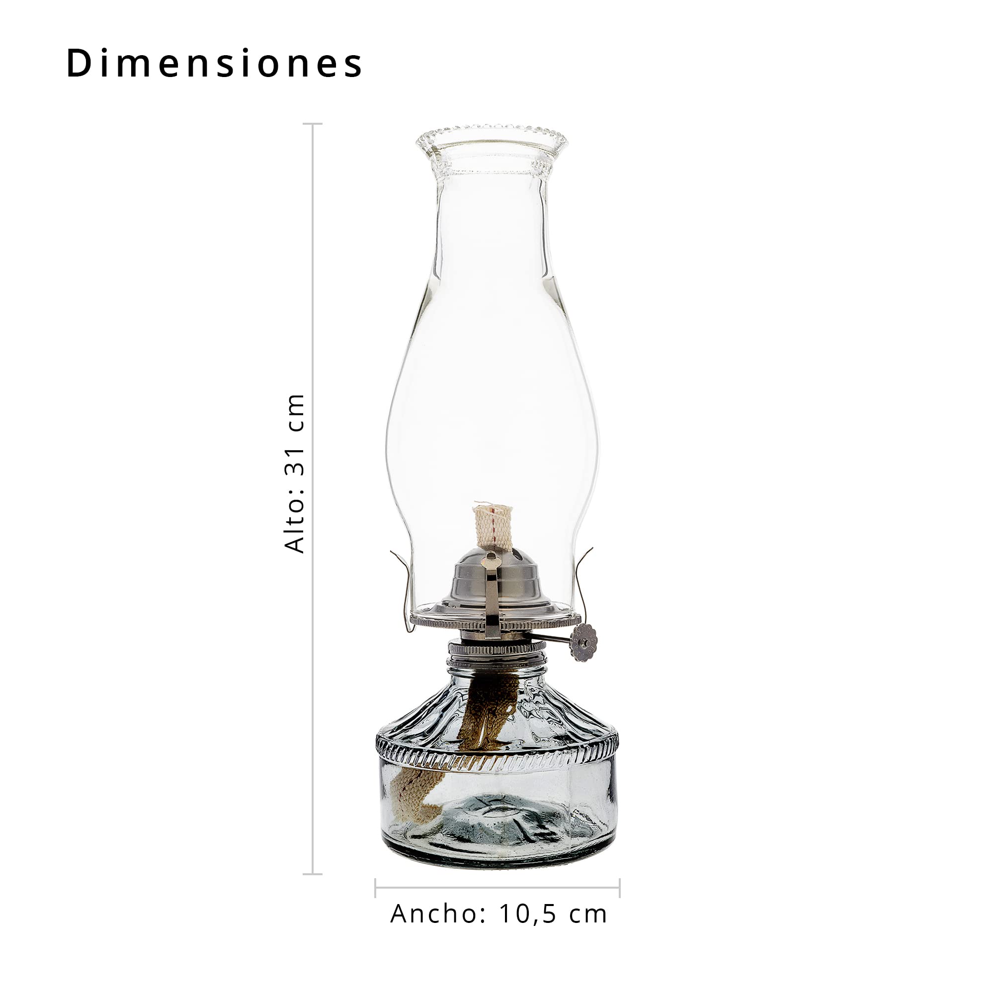 Lámpara de Aceite, Quinqué Antiguo de Parafina o Queroseno en Cristal, para Decoración Clásica del Hogar, Mecha Regulable - 380 ml