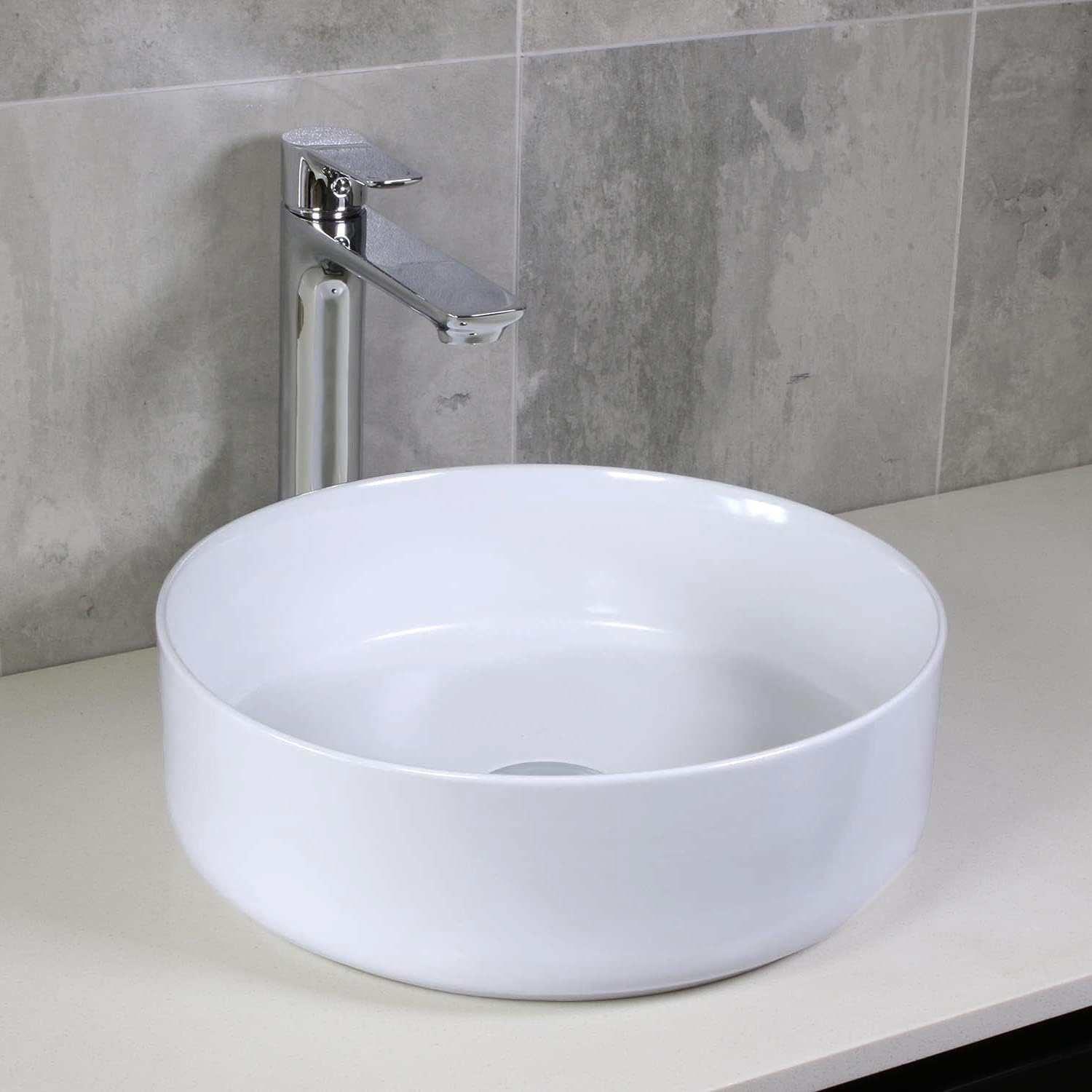 SouNor Ceramic White Small 14“ Round Orbicular Bathroom Kitchen Druable Sink, Ceramic Vessel Sinks Counter Top Vanity Basin Easy Install and Clean。