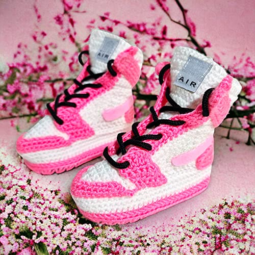 Handmade Pink Crochet Baby Sneaker Slippers, Jordans-Inspired Design, Newborns & Toddlers, Customizable Gifts, Walker Soft Plush Shoes3