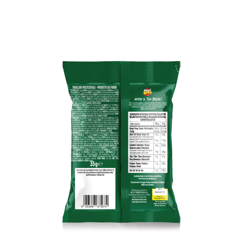 Aperisnack® - AP01.016.03 Box 50 pz - Tarallini Multicereale Box 50pz Monoporzione 35g Snack Salati Ideali per l'Aperitivo e Le tue Feste.Tarallini con Grano, Segale, Orzo, Grano Arso e Avena