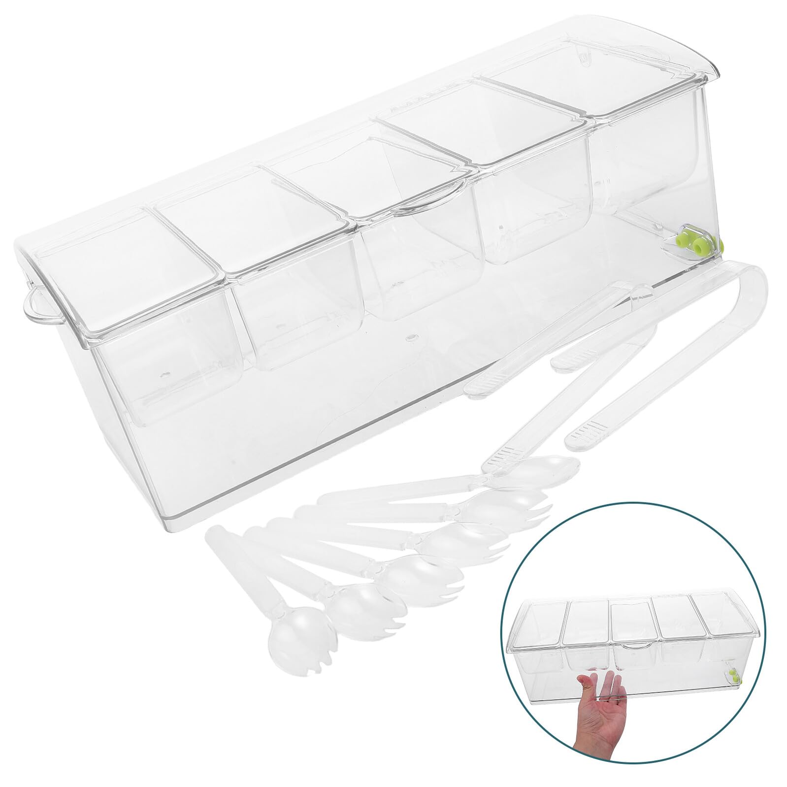 Plateau à Condiments Réfrigéré en Plastique Transparent 5 Compartiments avec Couvercle Plateau à Garnitures pour Bar et Buffet Service de Fruits Légumes et Sauces pour